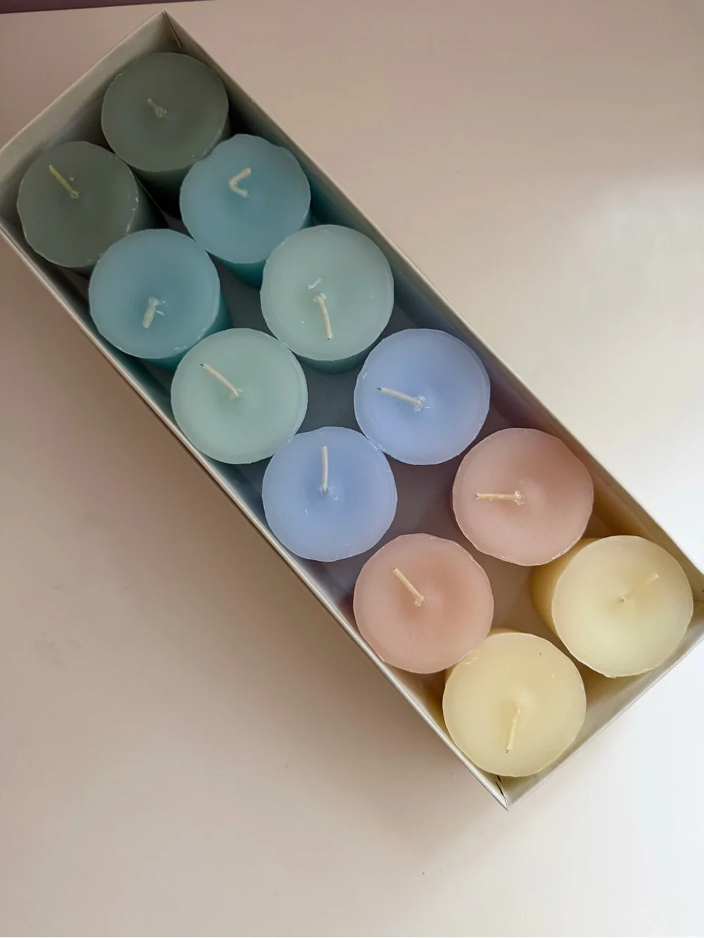 NEW Votive Candles Set of 12 Pastel Colors Unscented Boxed Pillar 2” Tall